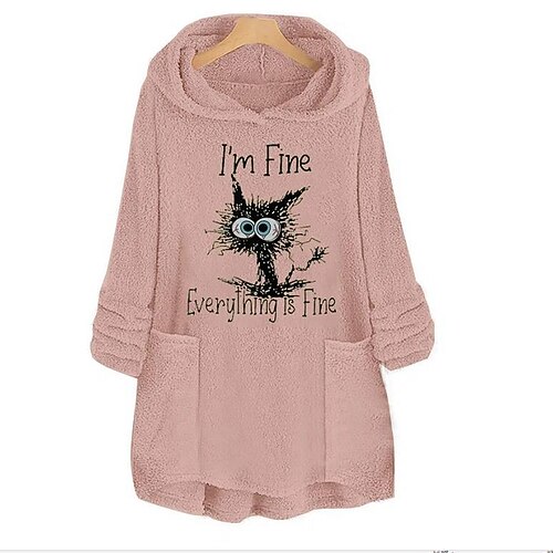 

Women's Hoodie Sweatshirt Pullover Sherpa Fleece Teddy Pocket Pink Cat Street Hoodie Long Sleeve Fleece S M L XL 2XL 3XL