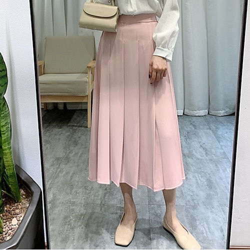 

Women's Skirt Midi Polyester Barbie powder Bean Paste Green Black Skirts Pleated Fashion Casual Daily Weekend One-Size