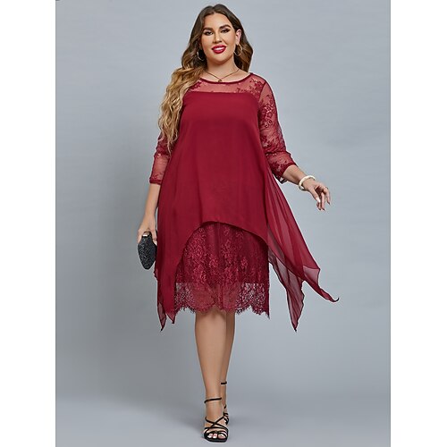 

Women's Plus Size Curve Party Dress Floral Crew Neck Lace 3/4 Length Sleeve Winter Fall Elegant Prom Dress Midi Dress Party Cocktail Dress Dress / Lace Dress / Mesh
