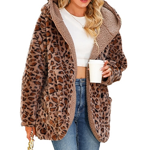

Women's Teddy Coat Warm Breathable Outdoor Casual Holiday Going out Pocket Cardigan Hoodie Casual Comfortable Street Style Leopard Regular Fit Outerwear Long Sleeve Winter Fall Brown S M L XL