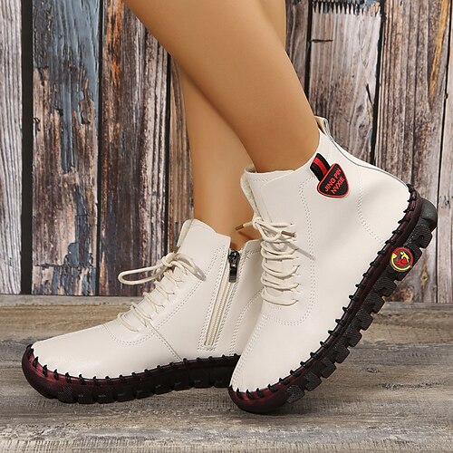 

Women's Boots Plus Size Booties Ankle Boots Flat Heel Round Toe PU Leather Zipper Fall Winter Beige Black