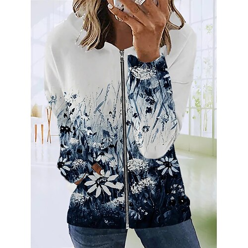 

Women's Zip Hoodie Sweatshirt Active Streetwear Zip Up Green Navy Blue Floral Street Hoodie Long Sleeve S M L XL 2XL 3XL