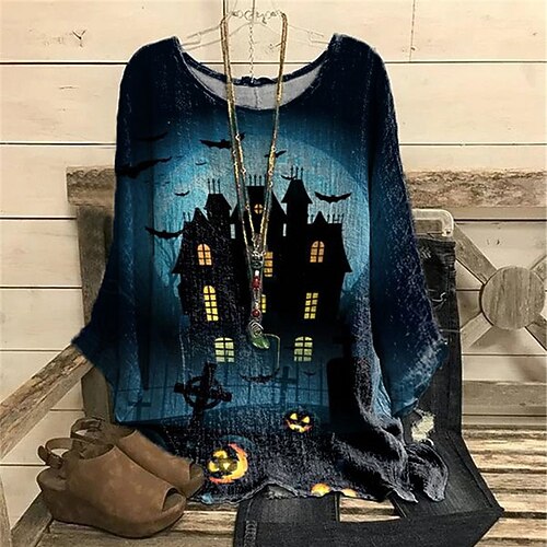 

Women's Plus Size Tops Blouse Shirt Graphic Print Long Sleeve Crewneck Casual Halloween Halloween Daily Polyester Fall Winter Blue