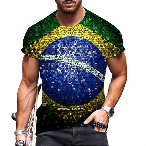 

Men's T shirt Tee Graphic Prints Crew Neck Green Blue Yellow Royal Blue 3D Print World Cup Brazil Outdoor Street Short Sleeve Print Clothing Apparel Sports Designer Casual / Summer