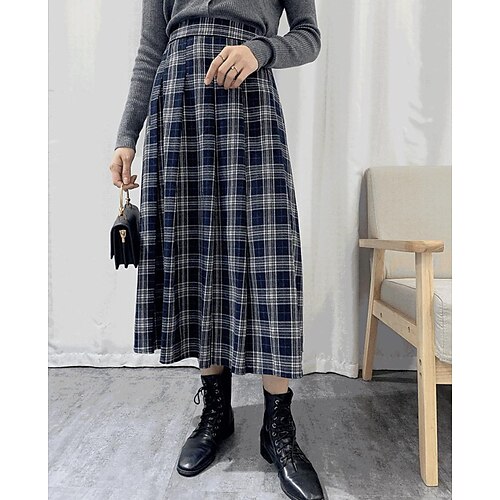 

Women's Plaid Skirts Lone Skirt Midi Polyester Back Blue Green Skirts Pleated Print Fashion Casual Daily Weekend One-Size