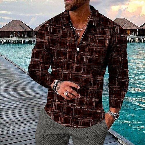 

Men's Collar Polo Shirt Golf Shirt Graphic Prints Geometry Turndown Black Brown White 3D Print Outdoor Street Long Sleeve Zipper Print Clothing Apparel Fashion Designer Casual Breathable