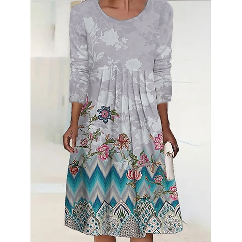 

Women's Casual Dress Print Dress Midi Dress Gray Long Sleeve Floral Print Fall Spring Crew Neck Casual Fall Dress Loose Fit 2022 S M L XL 2XL 3XL 4XL 5XL 6XL / Winter Dress
