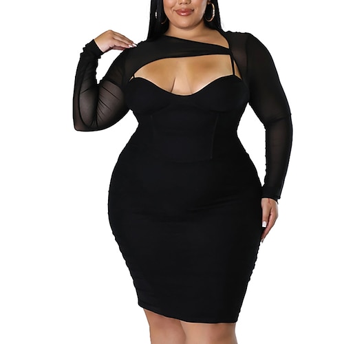 

Women's Plus Size Cut Out Dress Solid Color V Neck Long Sleeve Winter Fall Stylish Elegant Casual Knee Length Dress Daily Date Dress