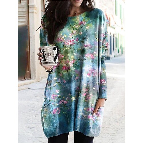 

Women's T shirt Tee Green Red Floral Pocket Print Long Sleeve Holiday Weekend Basic Round Neck Long Floral Painting S