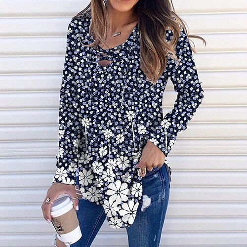 

Women's Sweatshirt Pullover Streetwear Blue Floral Street V Neck Long Sleeve S M L XL 2XL