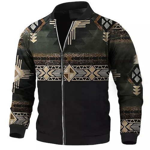 

Men's Coat Breathable Sports & Outdoor Zipper Geometry 3D Printed Graphic Standing Collar Fashion Jacket Outerwear Long Sleeve Zipper Fall & Winter