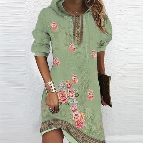 

Women's Hoodie Dress Winter Dress Green Blue Long Sleeve Floral Print Winter Fall Hooded Vacation Casual Fall Dress 2022 S M L XL XXL 3XL