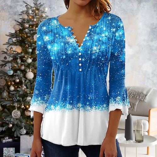 

Women's Christmas Blouse Shirt Denim Blue Grass Green Green Snowflake Button Print 3/4 Length Sleeve Christmas Streetwear Casual Round Neck Regular S