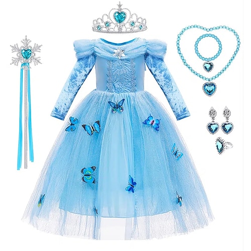 gyerek lány 7db fagyasztott elsa jelmez buli ruha pillangó vonalas ruha előadás különleges alkalomra nyakú kék maxi hosszú ujjú hercegnő édes ruhák normál szabás 4-12 éves korig