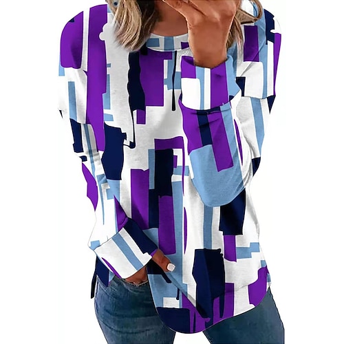 

Women's T shirt Tee Purple Yellow Red Geometric Print Long Sleeve Daily Weekend Basic Round Neck Regular Cotton Geometric Painting S