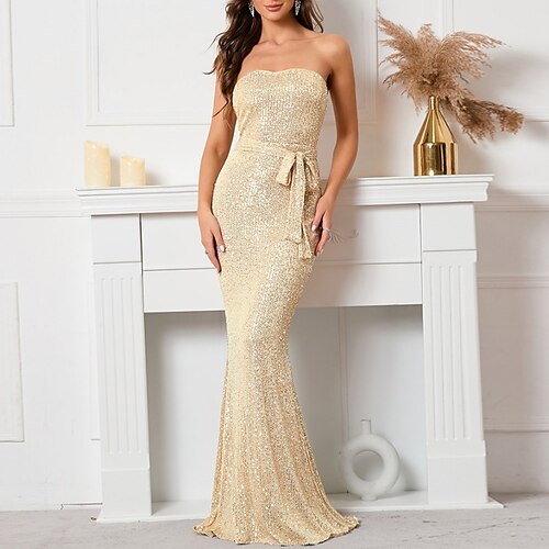 

Women's Party Dress Sequin Dress Long Dress Maxi Dress Champagne Sleeveless Pure Color Lace up Sequins Winter Fall Strapless Party Stylish Elegant Party 2022 XS S M L