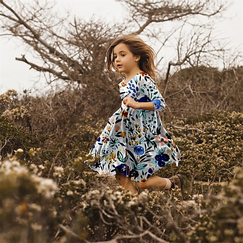

Kids Girls' Dress Floral A Line Dress Above Knee Dress Casual Crewneck Long Sleeve Active Dress 3-10 Years Winter Blue / Cute / Fall