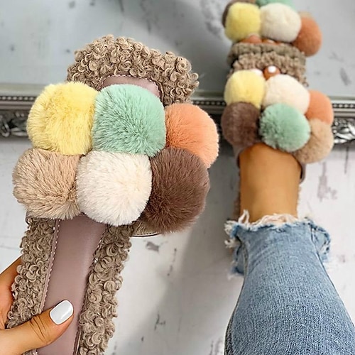 

Women's Slippers Daily Furry Feather Fuzzy Slippers Fluffy Slippers Outdoor Slippers Flat Heel Open Toe Casual Synthetics Loafer Solid Colored Yellow Khaki White