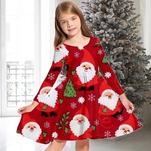 

Kids Girls' Christmas Dress Santa Claus Snowflake Casual Dress Christmas Gifts Casual Crewneck Blue Wine Royal Blue Above Knee Long Sleeve Adorable Daily Dresses Christmas Winter Fall 2-13 Years