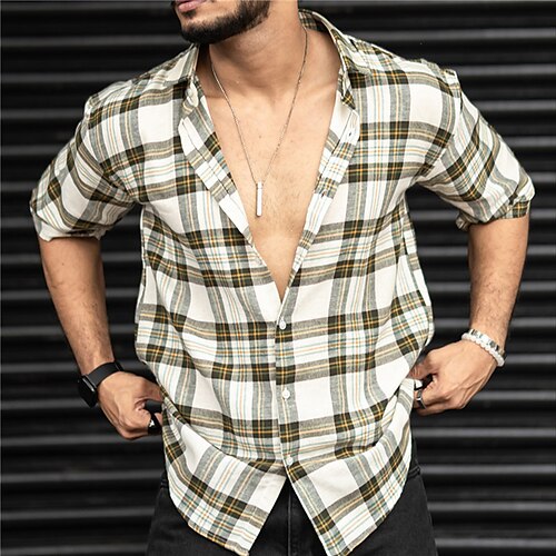 

Men's Shirt Plaid Turndown Khaki 3D Print Outdoor Street Short Sleeves Button-Down Print Clothing Apparel Fashion Designer Casual Breathable / Summer