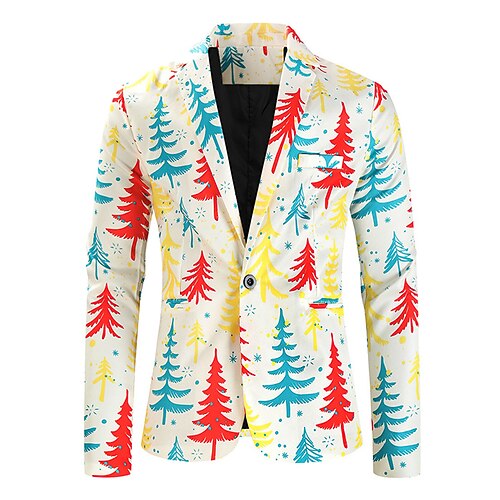 

Men's Christmas Ugly Blazer Regular Standard Fit Christmas Tree Single Breasted One-button Ivory 2022