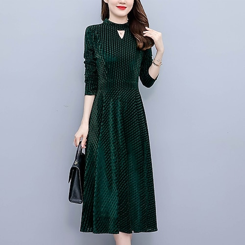 

Women's Velvet Dress Green Shift Dress Midi Dress Green Black khaki Long Sleeve Geometric Patchwork Print Winter Fall Crew Neck Elegant Formal Fall Dress 2023 M L XL 2XL 3XL 4XL Winter Dress