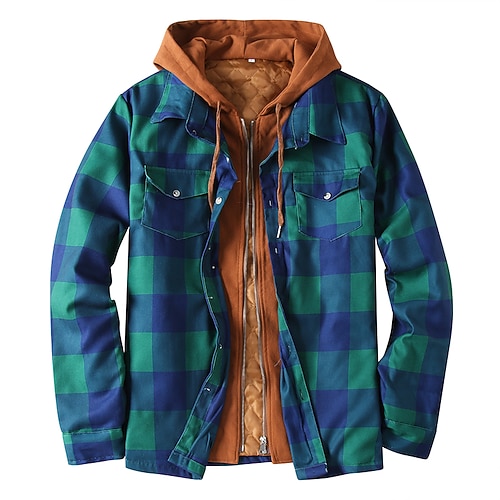 

Men's Puffer Jacket Winter Jacket Quilted Jacket Shirt Jacket Winter Coat Warm Casual Plaid / Check Outerwear Clothing Apparel Blue Dark Green Ink Blue