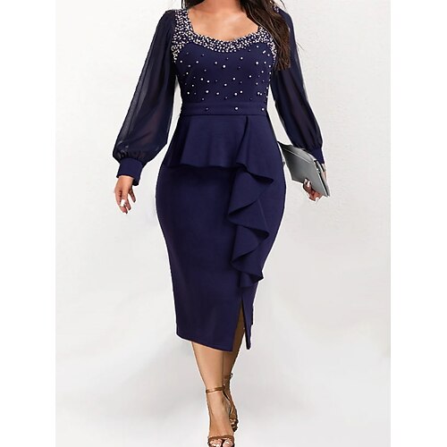 

Women's Plus Size Sheath Dress Polka Dot Square Neck Ruched Long Sleeve Winter Fall Basic Stylish Casual Midi Dress Work Date Dress