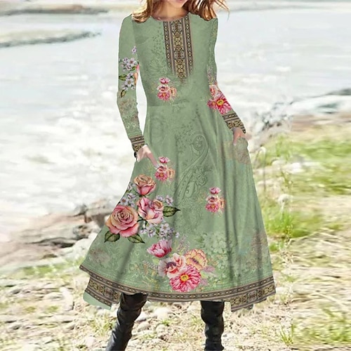 

Women's Casual Dress Swing Dress Midi Dress Green Long Sleeve Floral Pocket Winter Fall Autumn Winter Dress Fall Dress 2022 S M L XL XXL 3XL