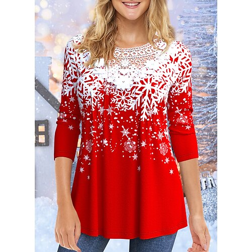 

Women's Blouse Shirt Wine Red Snowflake Lace Print Long Sleeve Christmas Streetwear Round Neck Long S