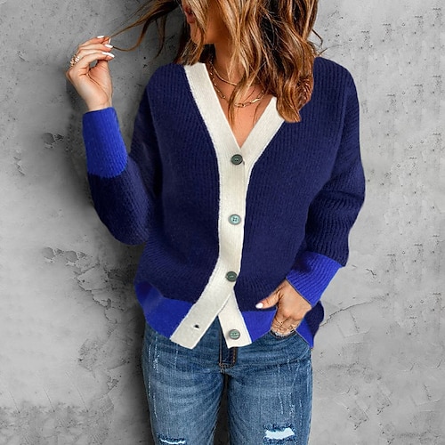 

Mujer Chaqueta de Punto Puente Estriado Tejer Botón De Punto Bloque de color Escote en Pico Elegante Casual Exterior Diario Invierno Otoño Azul Piscina Beige S M L / Manga Larga / Festivos / Noche