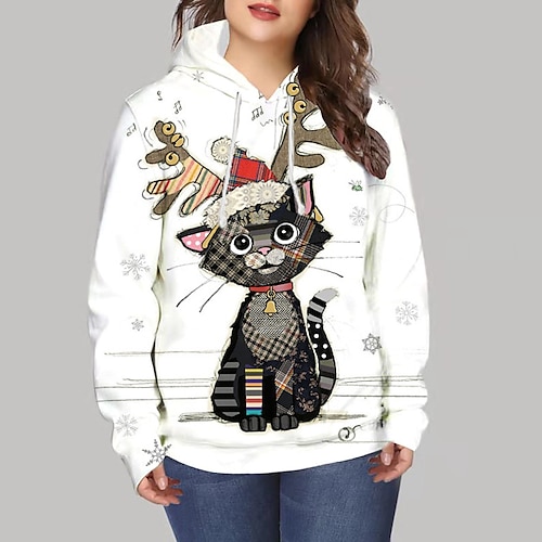

Women's Plus Size Christmas Tops Hoodie Sweatshirt Animal Cat Print Long Sleeve Hooded Casual Vacation Polyester Winter Fall Blue Gray