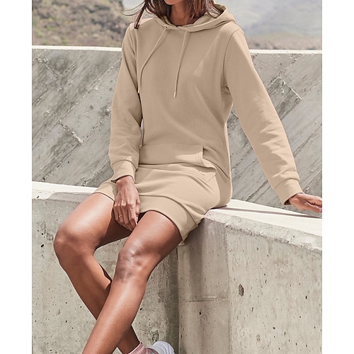 

Women's Casual Dress Hoodie Dress Khaki Long Sleeve Pure Color Pocket Winter Fall Hooded Casual Modern Fall Dress 2022 S M L XL XXL 3XL / Winter Dress