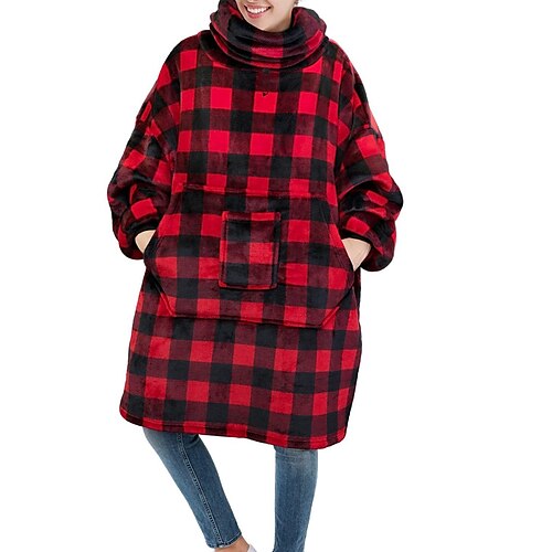 

Women's ChristmasPjs Pajamas Nightgown Hoddie Blanket Nightshirt Grid / Plaid Simple Comfort Plush Home Daily Vacation Flannel Warm Pullover Long Robe Winter Fall Red black / Drawstring / Spa
