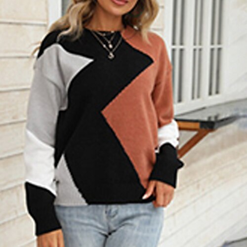 

Women's Pullover Sweater jumper Jumper Crochet Knit Knitted Color Block Crew Neck Stylish Casual Outdoor Daily Winter Fall Blue White S M L / Long Sleeve / Holiday / Regular Fit / Going out