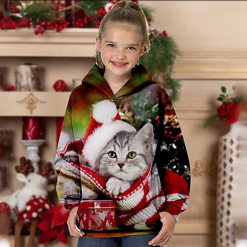 

Kids Girls' Ugly Christmas Hoodie Animal Casual Long Sleeve Pocket Vacation 7-13 Years Winter Green Blue Red