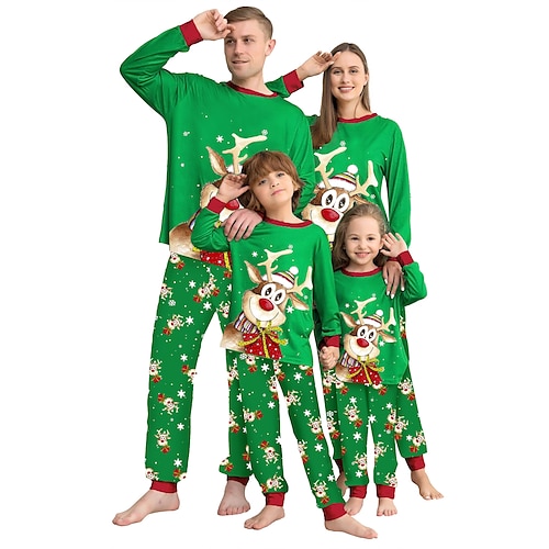 

Christmas Pajamas Ugly Family Set Elk Home Green Long Sleeve Mom Dad and Me Basic Matching Outfits