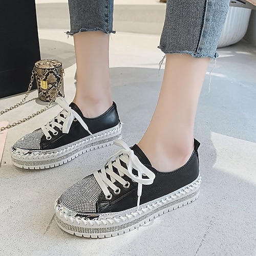 

Women's Sneakers Party Daily Plus Size Rhinestone Flat Heel Round Toe Sporty Casual PU Leather Glitter Lace-up Solid Colored Silver Black White