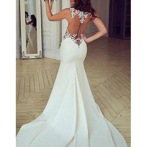 

Mermaid / Trumpet Wedding Dresses Jewel Neck Chapel Train Satin Lace Sleeveless Romantic Sexy with Buttons Appliques 2022