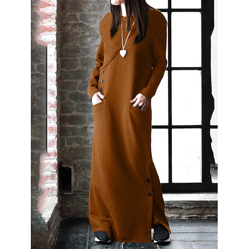 

Women's Casual Dress T Shirt Dress Tee Dress Long Dress Maxi Dress Orange Long Sleeve Pure Color Button Winter Fall Autumn Crew Neck Classic Weekend Loose Fit 2022 S M L XL 2XL 3XL 4XL 5XL