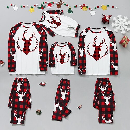 

Family Look Christmas Pajamas Plaid Deer Home Wine Red White Long Sleeve Daily Matching Outfits