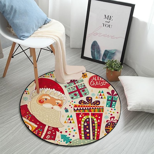 

Christmas Santa Gift Round Doormat Washable Indoor Holiday Rug for Living or Dining Room, Bedroom and Kitchen Area