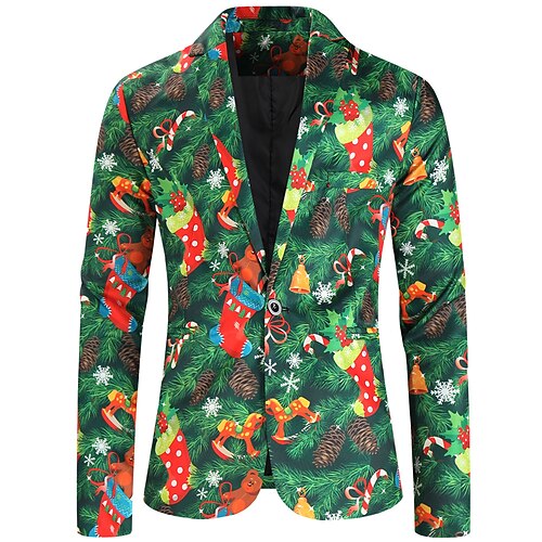 

Men's Christmas Ugly Blazer Regular Standard Fit Cartoon Character Single Breasted One-button ArmyGreen 2022