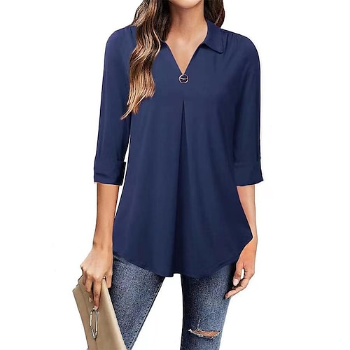 

Women's Shirt Blouse Black Blue Purple Plain Long Sleeve Work Business V Neck Regular S