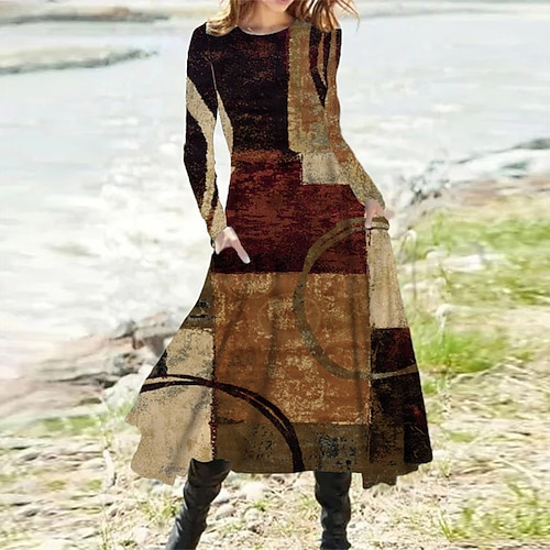 

Women's Casual Dress Swing Dress Midi Dress Khaki Long Sleeve Geometric Pocket Winter Fall Autumn 2022 S M L XL XXL 3XL