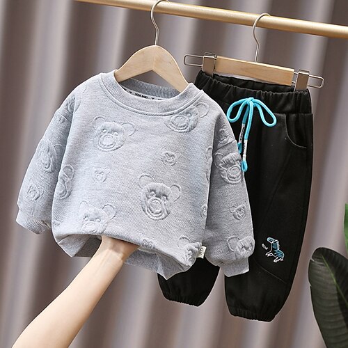 

2 Pieces Toddler Boys Hoodie & Pants Outfit Cartoon Long Sleeve Pocket Cotton Set School Fashion Daily Winter Fall 3-7 Years Peacock Blue Gray White