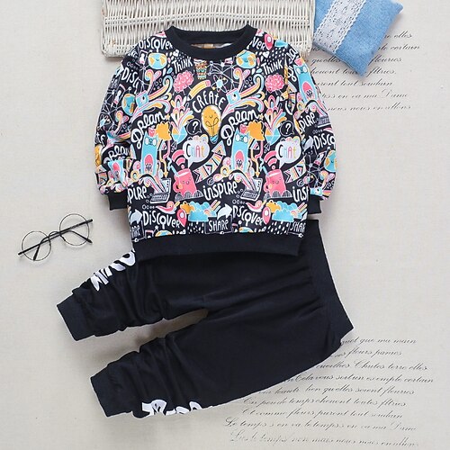 

2 Piezas Niños Chico Sudadera con capucha y Pantalones Conjunto de Ropa Vestimenta Caricatura Letra Manga Larga Algodón Establecer Vacaciones Fresco Casual Invierno Otoño 2-6 años Negro