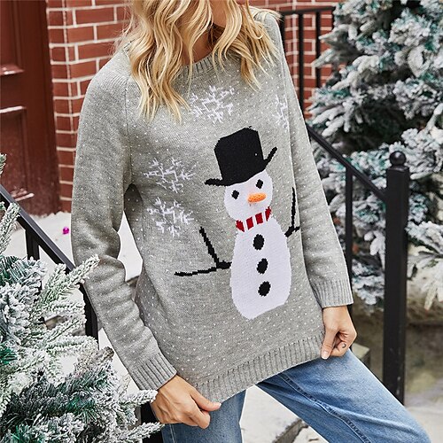 

Women's Ugly Christmas Sweater Pullover Sweater Jumper Ribbed Knit Knitted Snowman Crew Neck Stylish Casual Outdoor Christmas Winter Fall Navy Blue Gray S M L / Long Sleeve / Weekend / Holiday