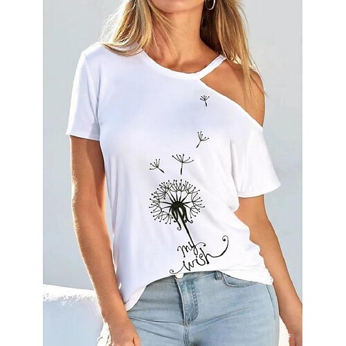 

Women's T shirt Tee White Dandelion Cut Out Print Short Sleeve Holiday Weekend Basic Round Neck Regular Floral Painting S