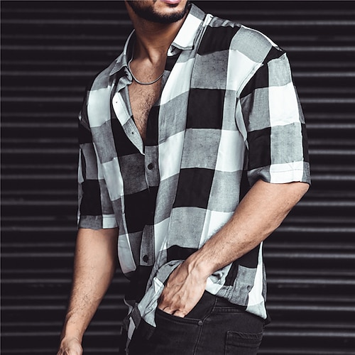 

Men's Shirt Plaid Turndown Black 3D Print Outdoor Street Short Sleeves Button-Down Print Clothing Apparel Fashion Designer Casual Breathable / Summer